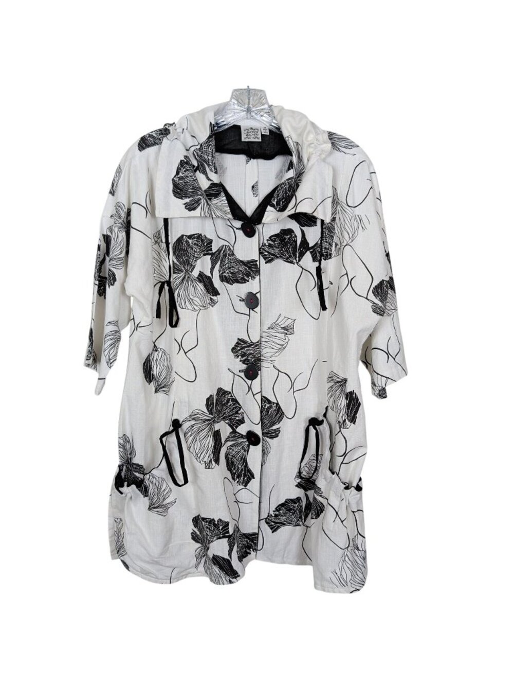 Parsley & Sage Tunic Women M Cotton Black White Floral Lagenlook Pockets